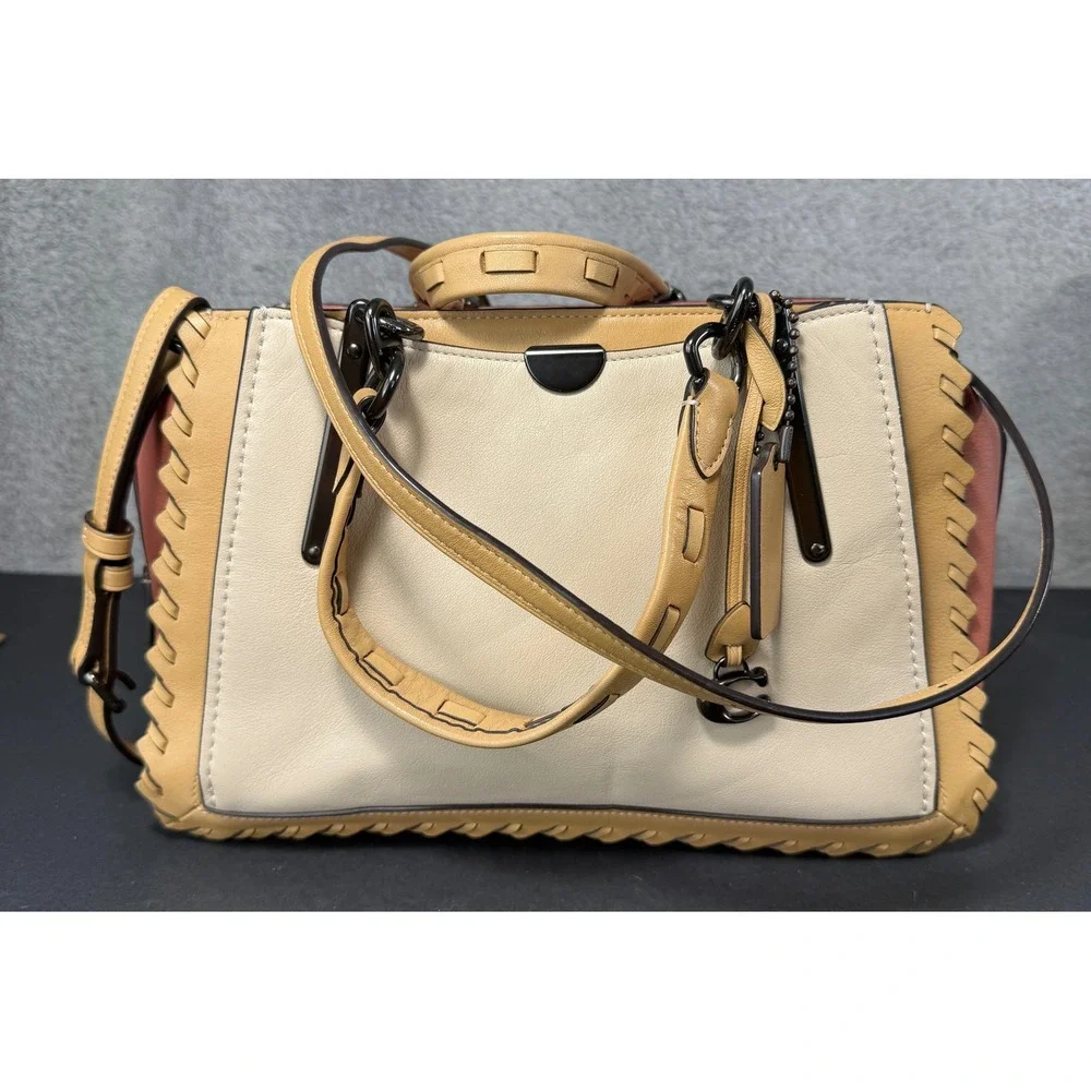 Coach Dreamer 21 Satchel Women Small Cream Tan Pink Whipstitch Leather Handbag